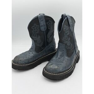 Roper Black/Blue Western Short Ostrich Print Boots Kids Size 11
